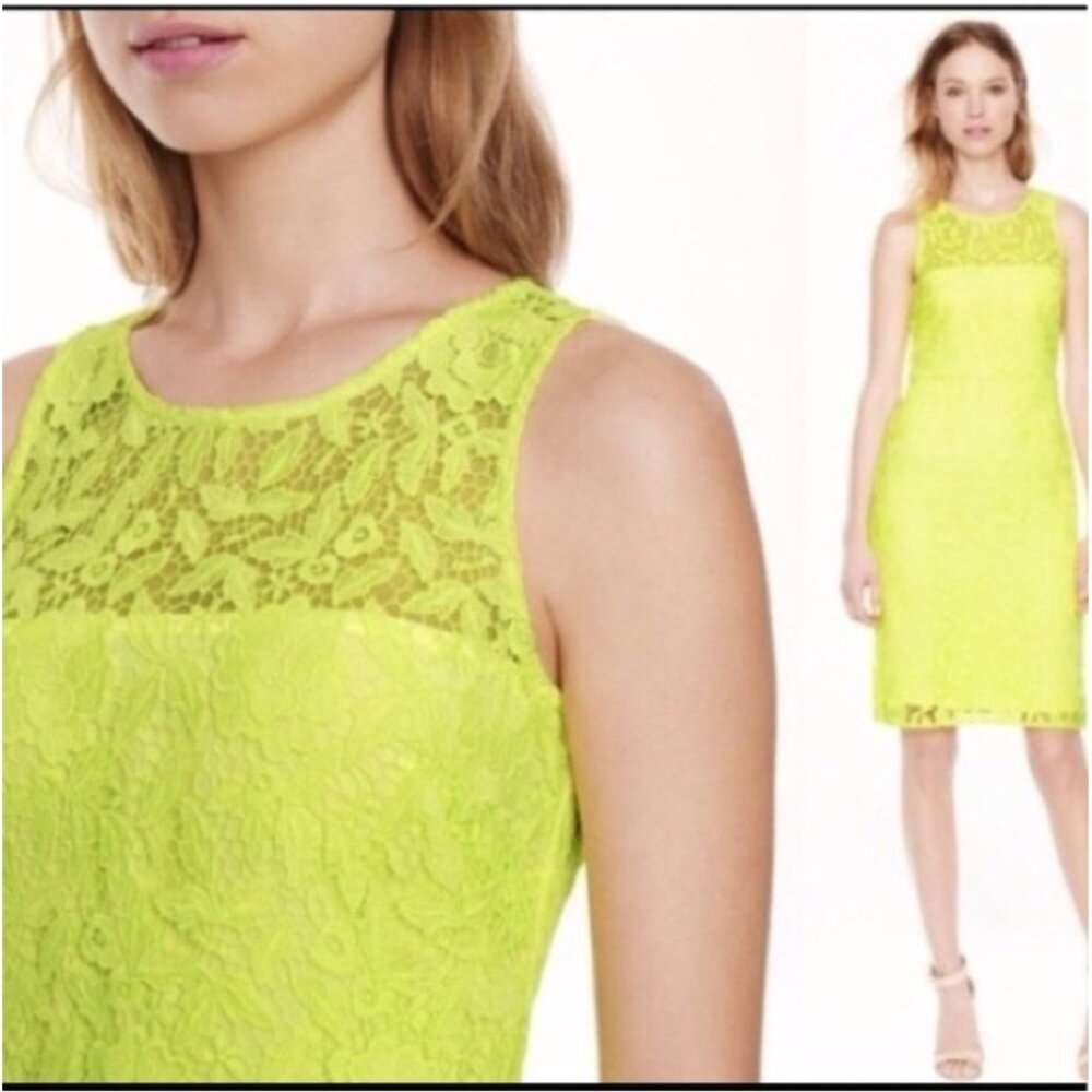 J. Crew Collection Size 4 Neon Yellow Lace Pencil Dress A8182 Sleeveless Lace